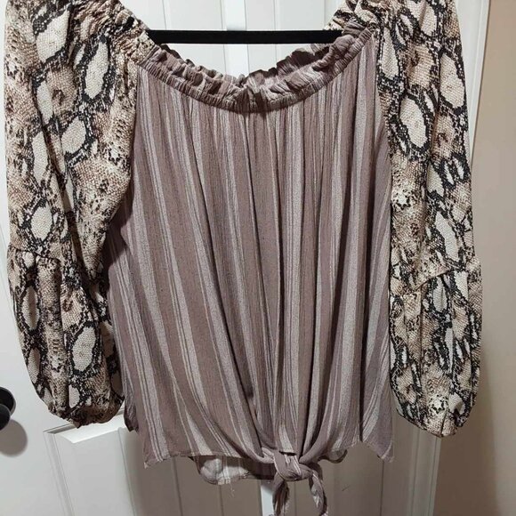 Artistic Designs by Lu, Brown striped fabric with animal print sleeves. Medium - Picture 1 of 10